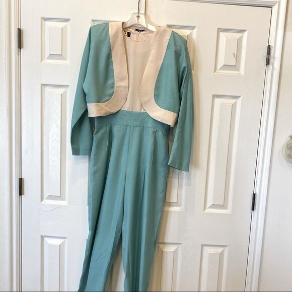 100% Silk Jumpsuit Vintage 80s Joanie Char Bolero Jacket Fitted Waist TALL Sz 10